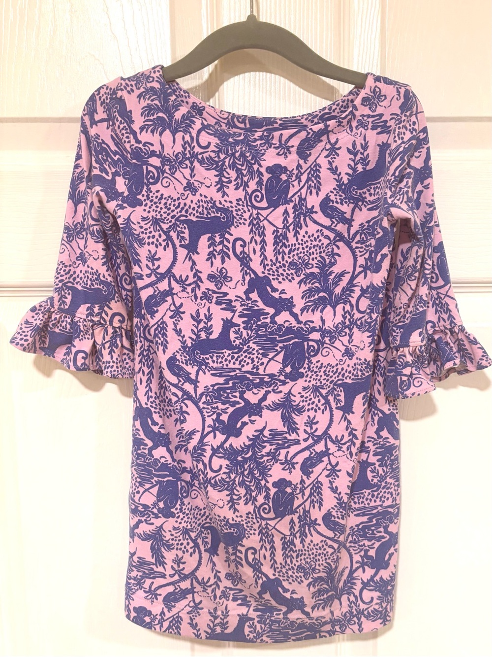 Lilly Pulitzer Marlowe Dress in Jungle Utopia. Pink & Blue Ruffle Sleeve, 2-3T
